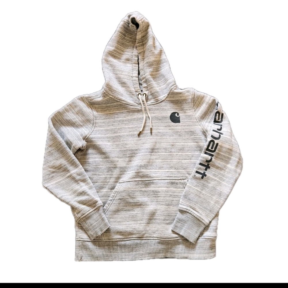 CARHARTT Kids Hoodie 4 -6 Spellout Gray White Stripes Distressed Sweat Shirt